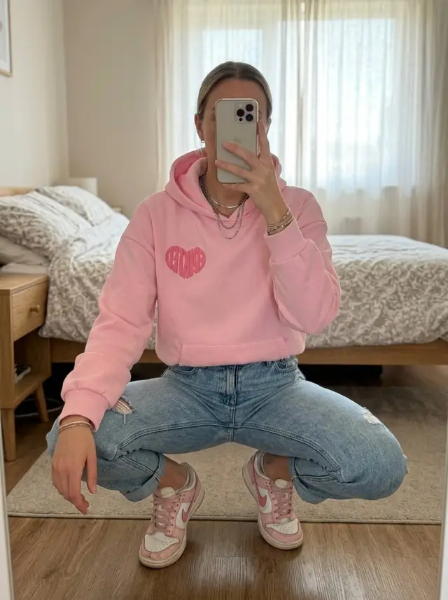 A pink hoodie listed in the same style