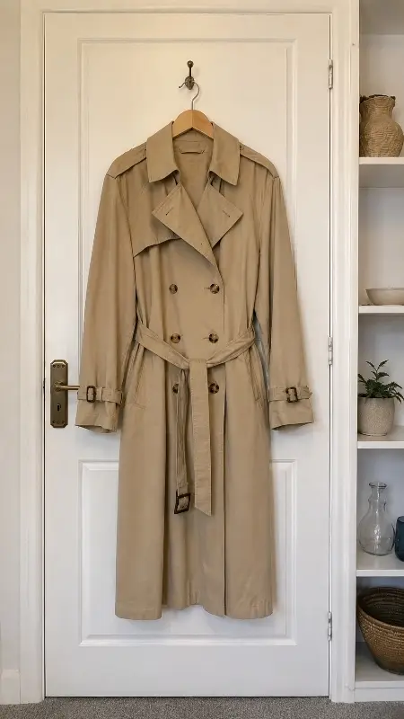 A quick phone snap of a trench coat hanging on a door