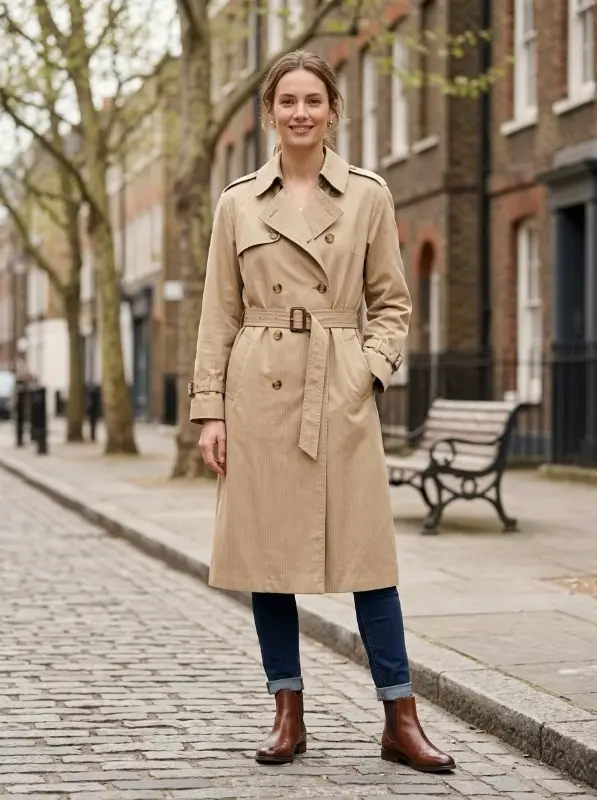 The same trench coat in a fourth Vintsnap look