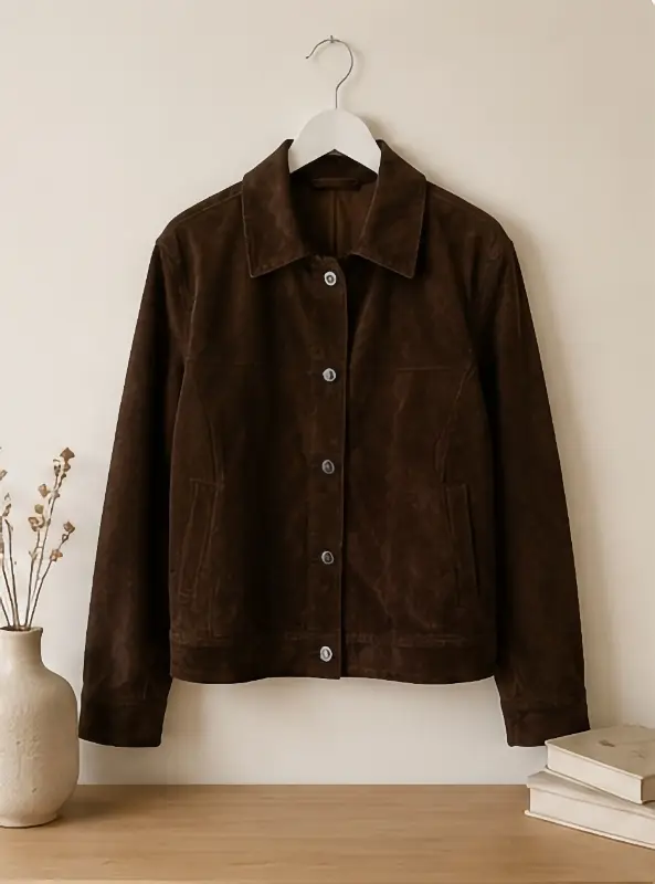 The same suede jacket on a hanger in a clean catalogue shot