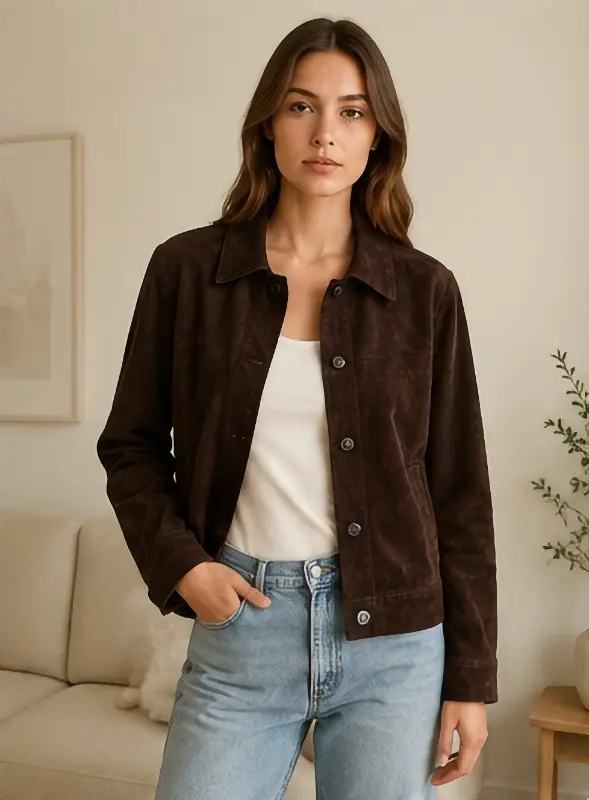 A brown suede jacket shown worn by a model