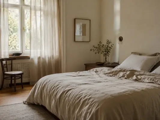 A tidy, lived-in bedroom with a softly made bed and sheer curtains