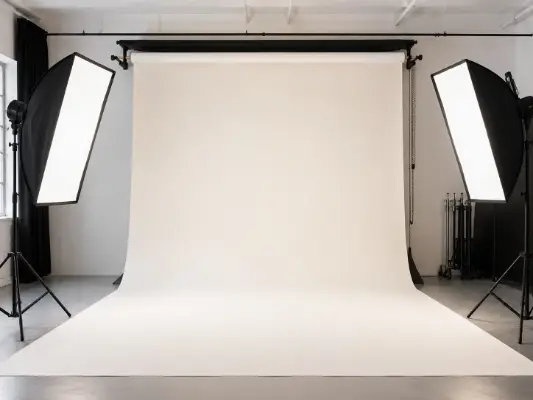 A clean studio with a seamless backdrop and softbox lighting