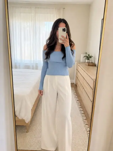 A blue off-shoulder knit listed in a consistent style