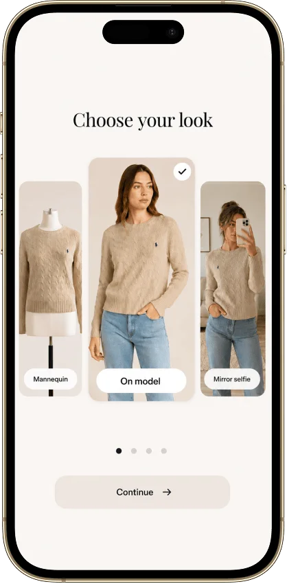 The Vintsnap look picker with styles like studio, on a model, mannequin and hanger